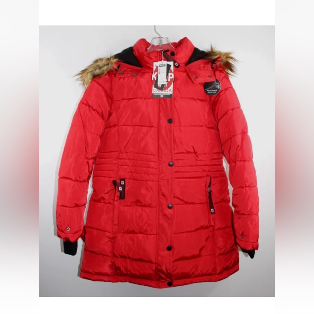 Canada Weathergear Red Waist-Panel Faux Fur Hood Long Puffer Coat Size L/G